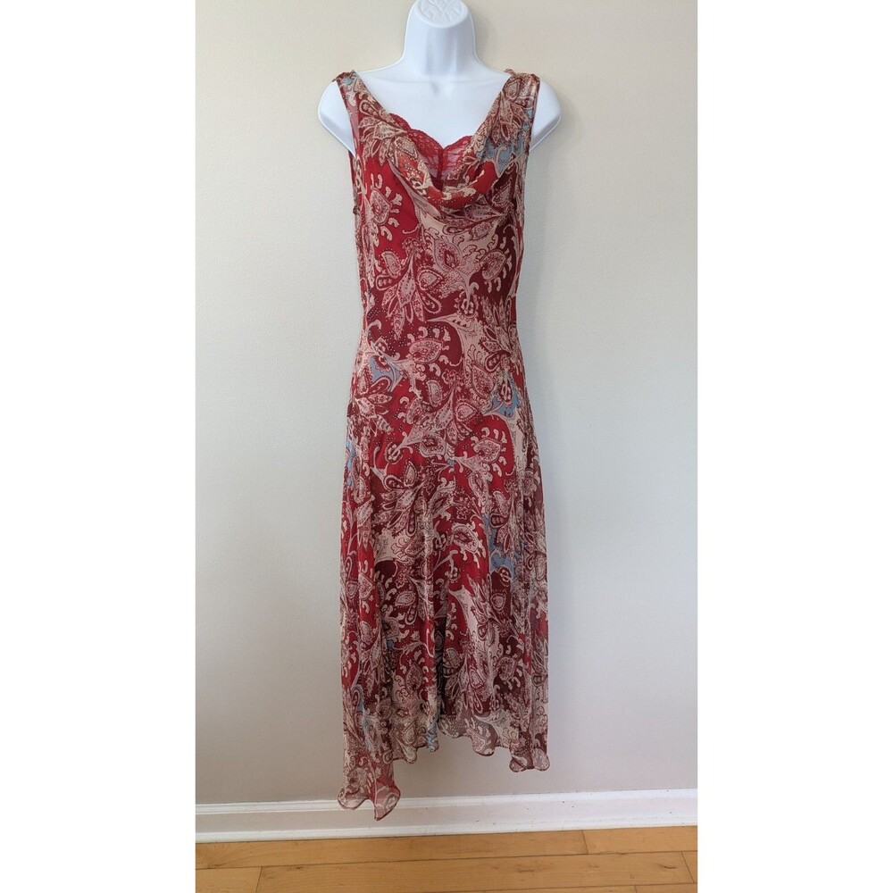 Vtg 90s Y2K ICE Asymmetric Silk Dress Sz 8 Lace Cowl Neck Paisley Feminine Red